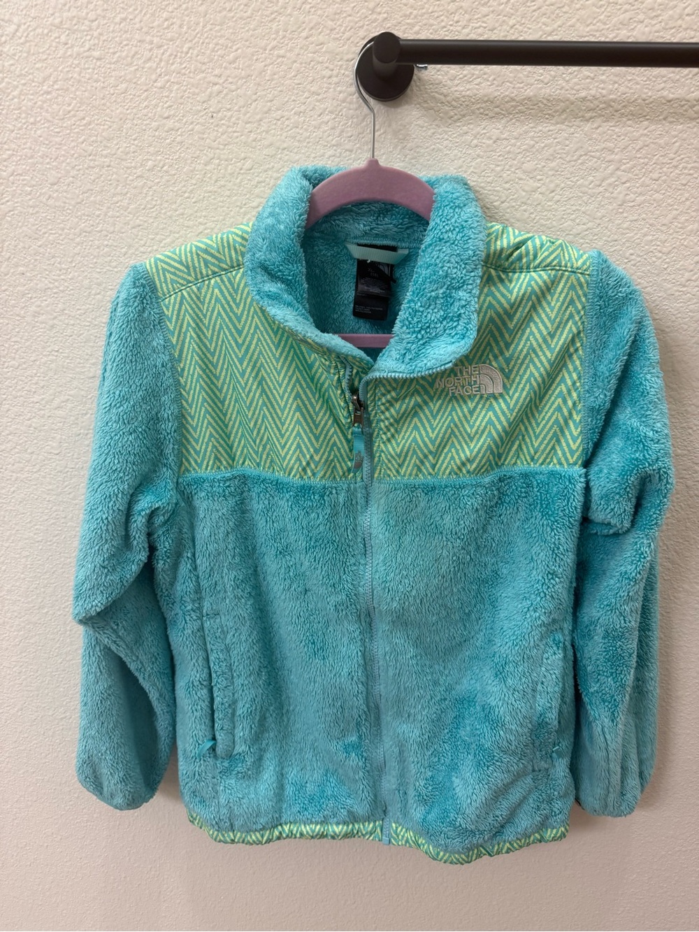 The North Face Girls' Teal Plush Zip Fleece Jacket with Lime Chevron Yoke